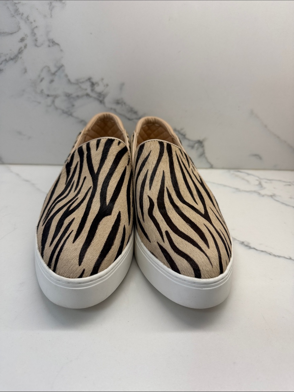 Women's Slip-On Sneakers in Beige with Black Zebra Print